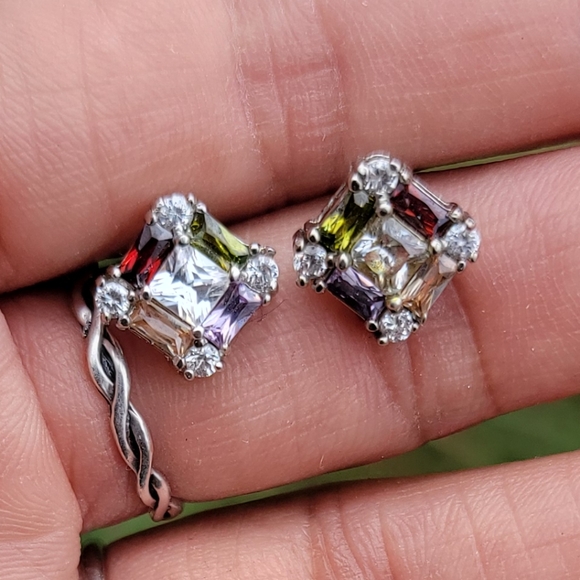 Stunning sparkling multi colored topaz 925 sterling silver diamond earrings - Picture 9 of 15